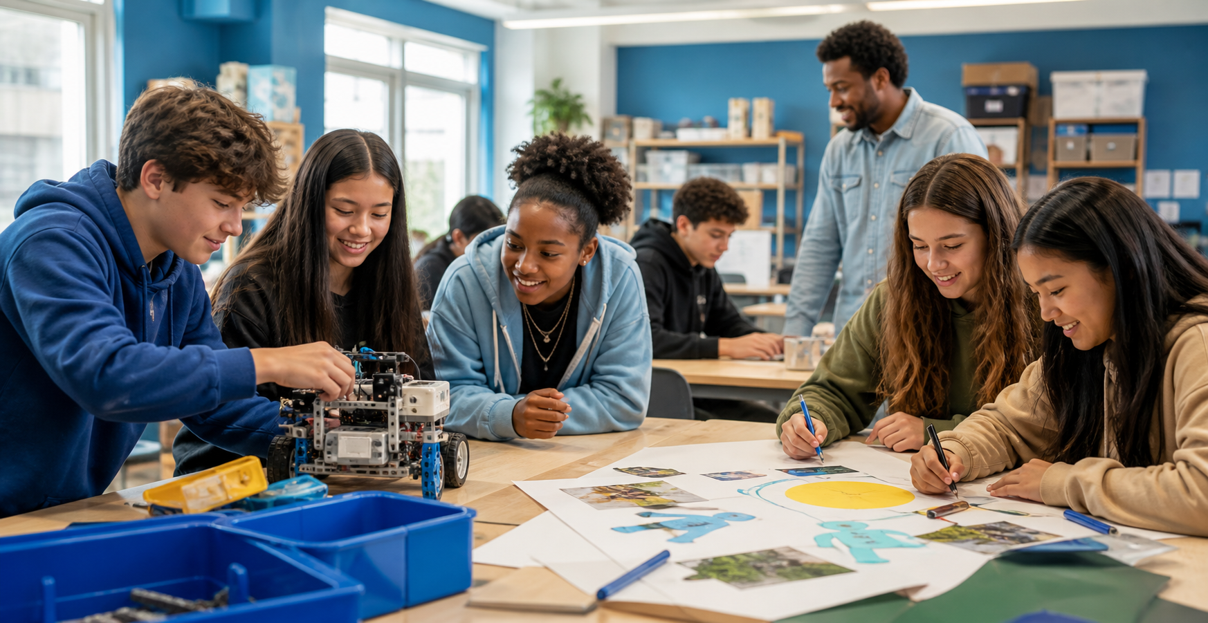 Students lead hands-on robotics and creative activities in a bright youth program.