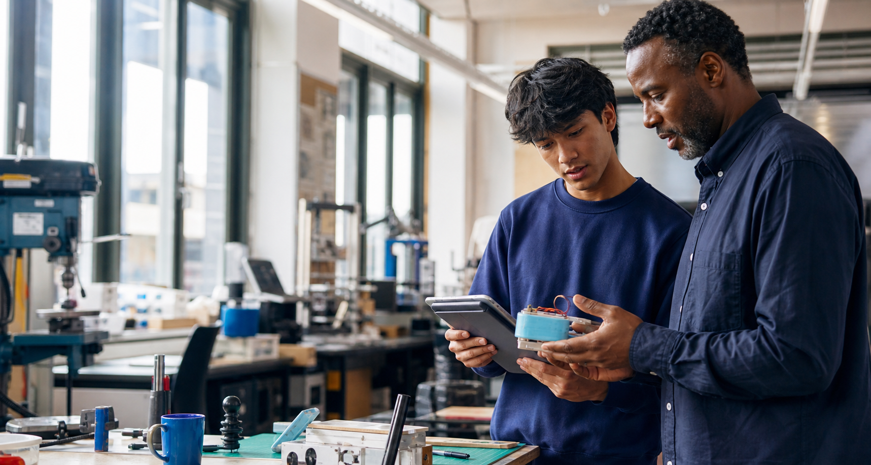 A student and mentor explore a hands-on technology project together.