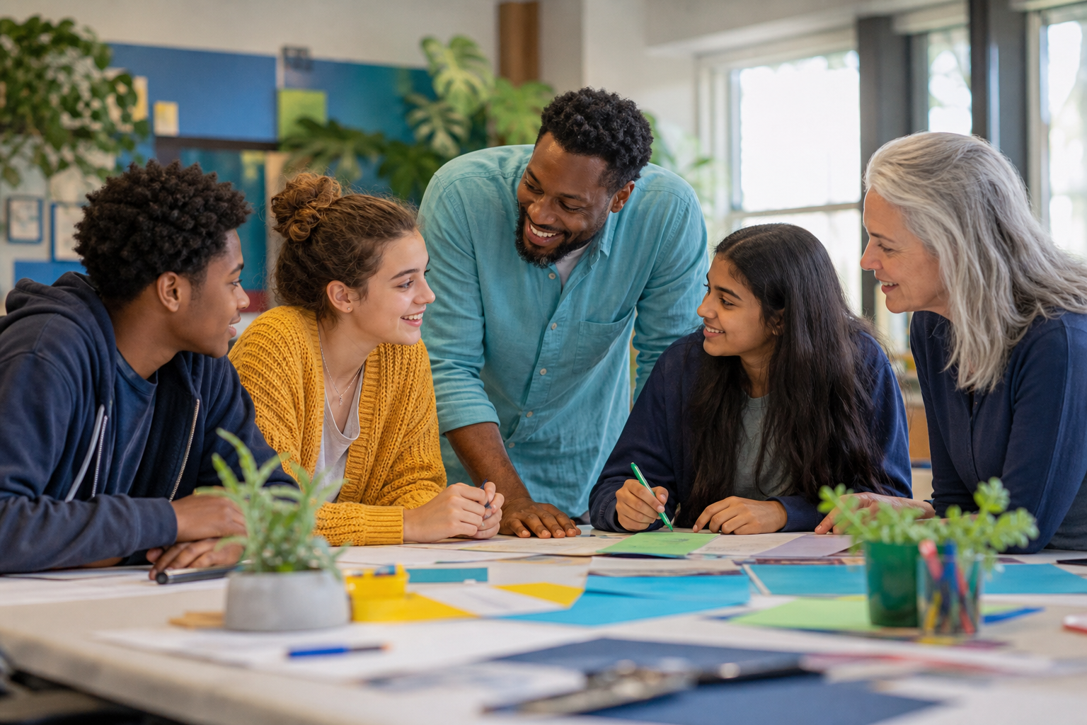Students and community mentors plan a project together around a table.