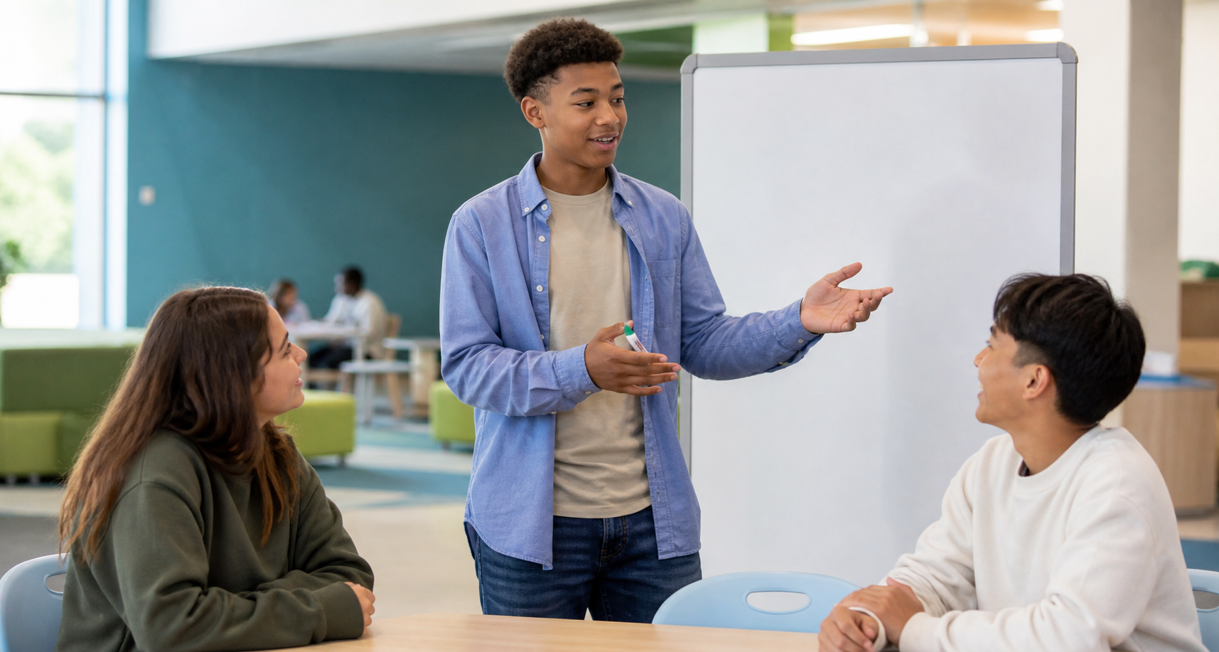 A student practices presenting an idea while two classmates listen supportively.